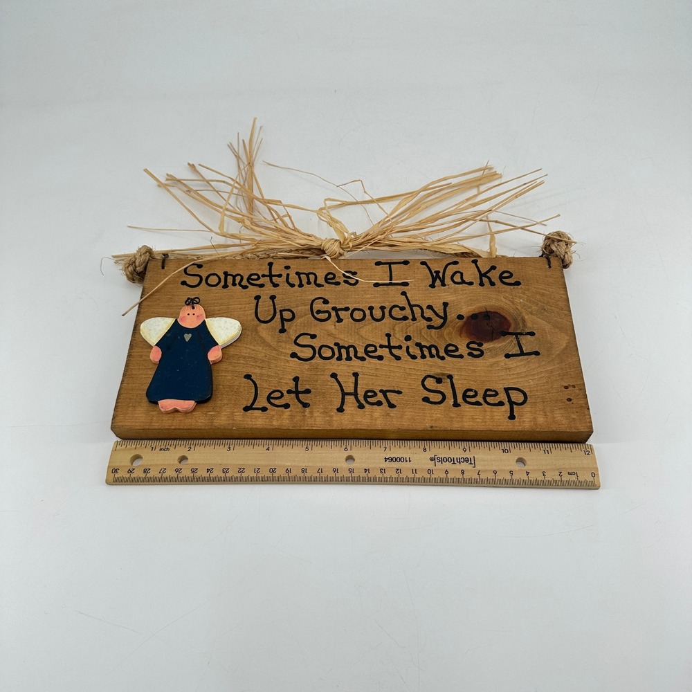 Handmade Wooden Wall Plaque Sometimes I Wake Up Grouchy Angel Rustic Sign - Picture 6 of 8
